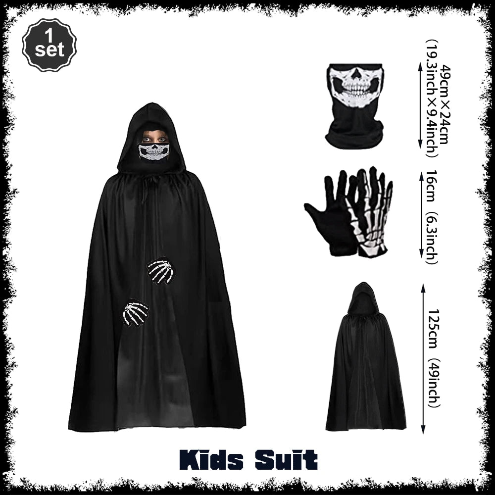 Complete Grim Reaper Costume Set | Includes Robe, Mask, Scythe &amp; GLOW-IN-THE-DARK Gloves (Adult & Kids Sizes)
