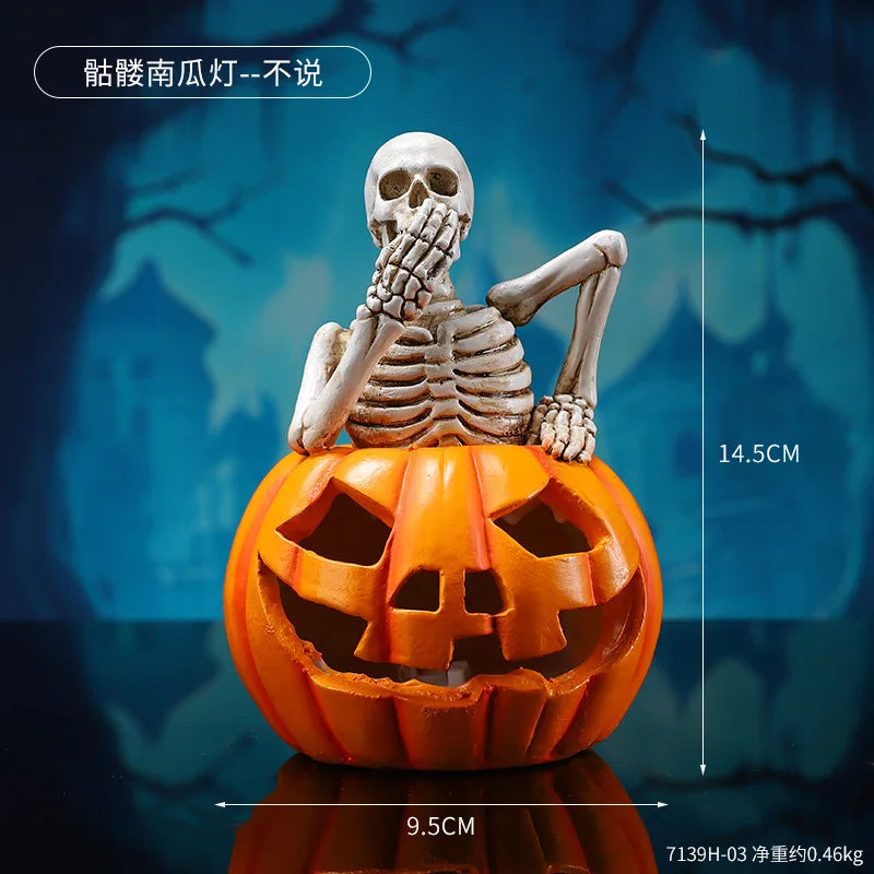 Light-Up Skeleton Pumpkin Figurine | Cute Resin Halloween Tabletop Decor