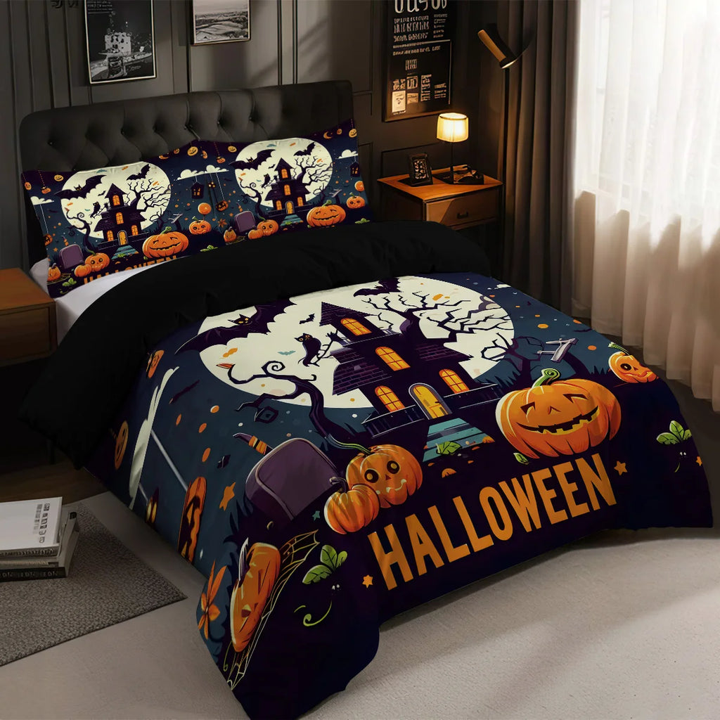 Cute Ghost & Witch Hat 3-Piece Bedding Set | Halloween Duvet Cover with 2 Pillowcases