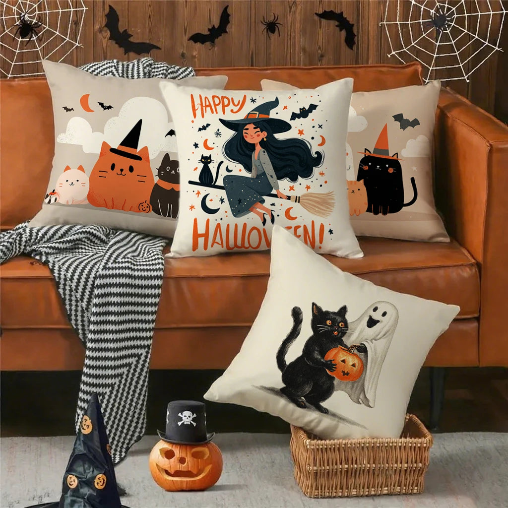 Cute Halloween Pillow Covers | Witch, Black Cat & Ghost Throw Cushion Cases (Case Only)