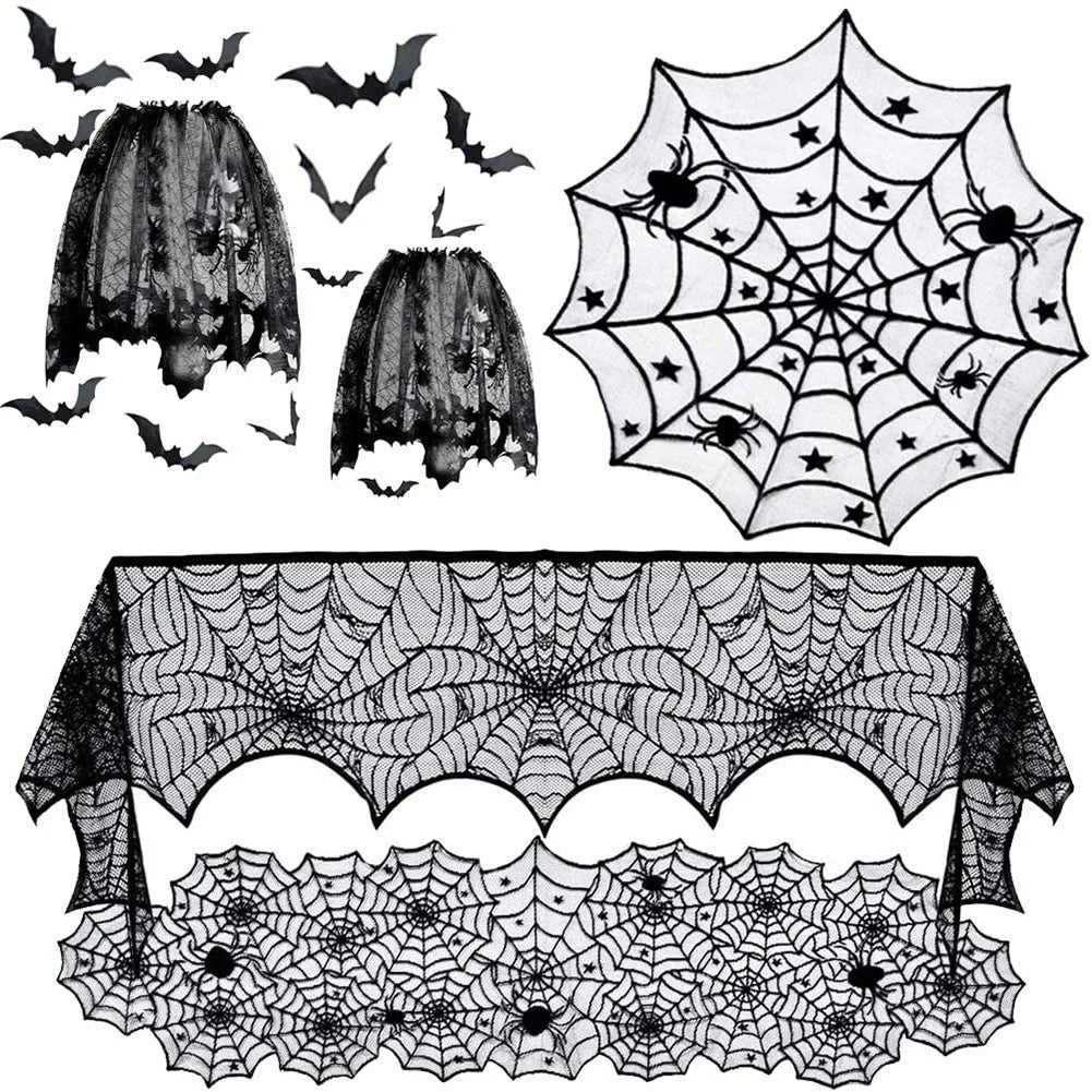 Black Lace Spiderweb Decor Collection | Halloween Mantel Scarf, Lampshade Covers & Table Topper