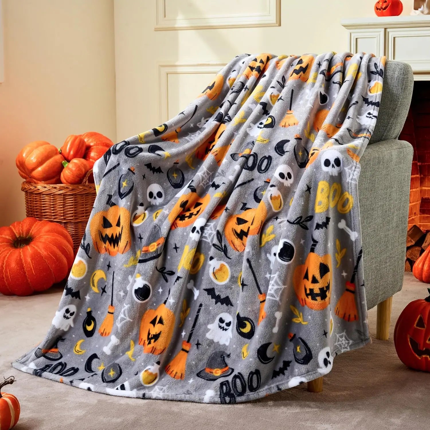 Cute Pumpkin &amp; Candy Plush Throw | Ultra-Soft Coral Fleece Halloween Blanket