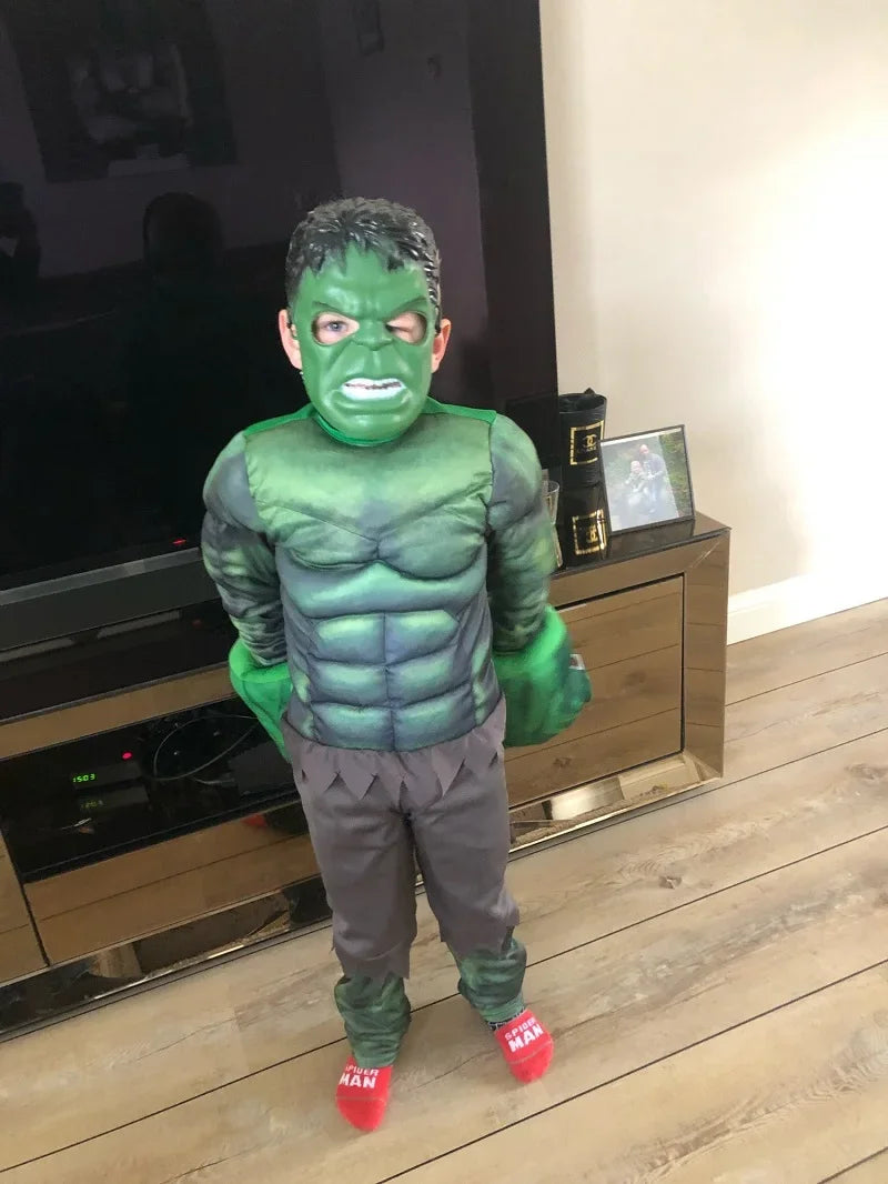Boys Green Hulk Superhero Muscle Costume | Incredible Monster Jumpsuit Set with Mask