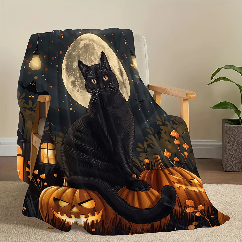 Black Cat & Full Moon Plush Throw | Cozy Coral Fleece Halloween Blanket