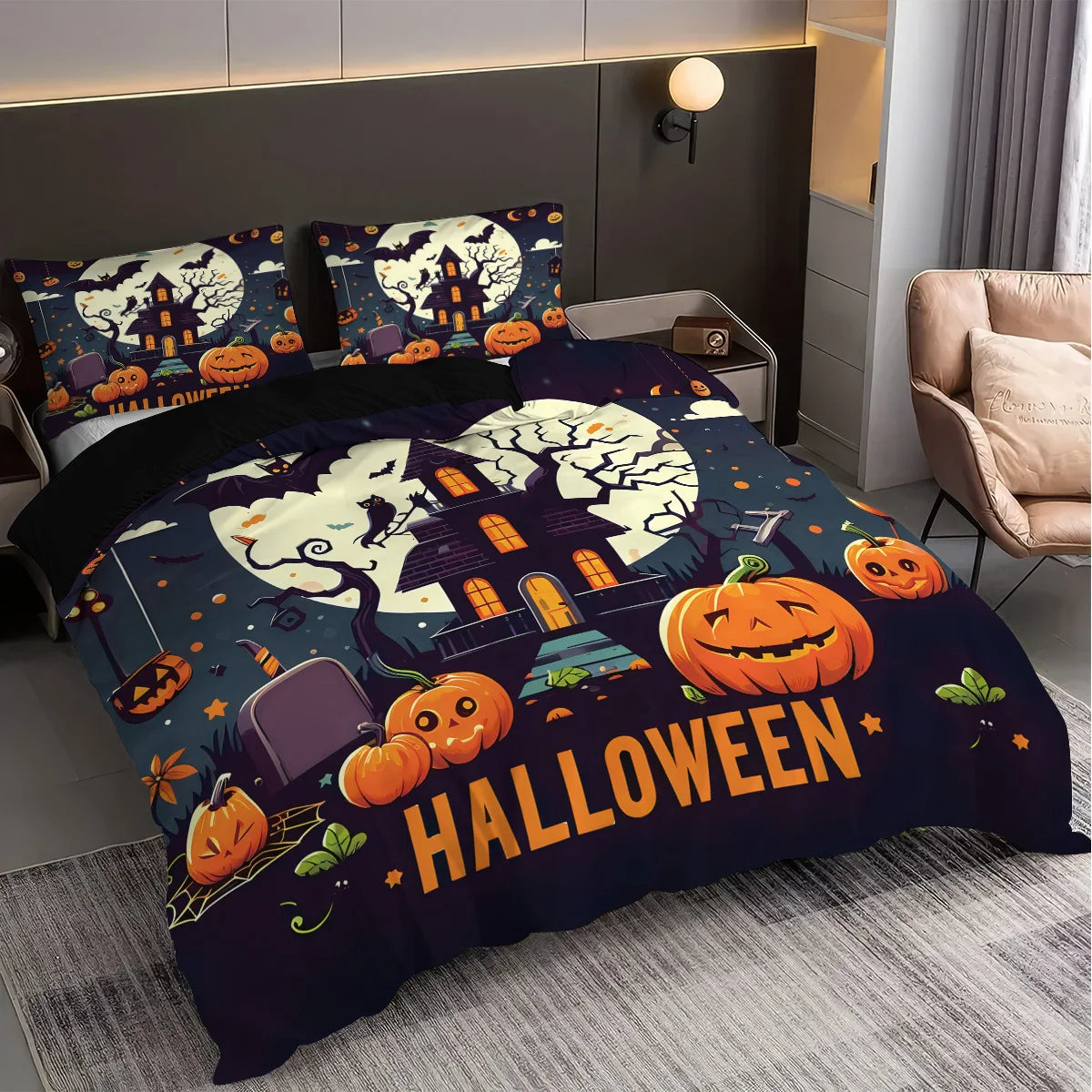Cute Ghost & Witch Hat 3-Piece Bedding Set | Halloween Duvet Cover with 2 Pillowcases