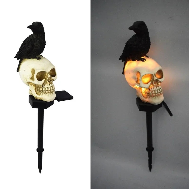 Solar-Powered Skull & Raven Garden Stake | Glowing LED Outdoor Halloween Decor