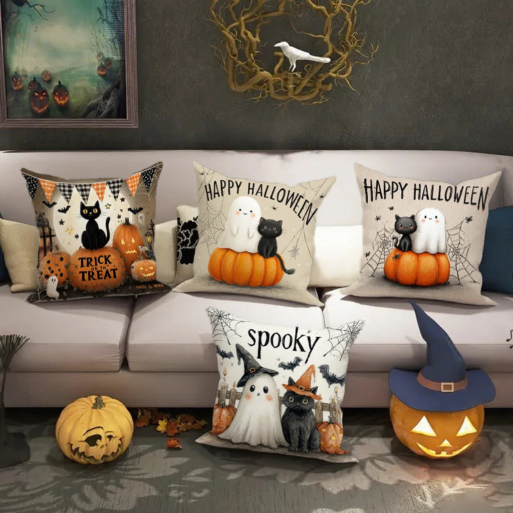Cute Ghost & Black Cat Pillow Covers | "Happy Halloween" Cushion Case (Case Only)