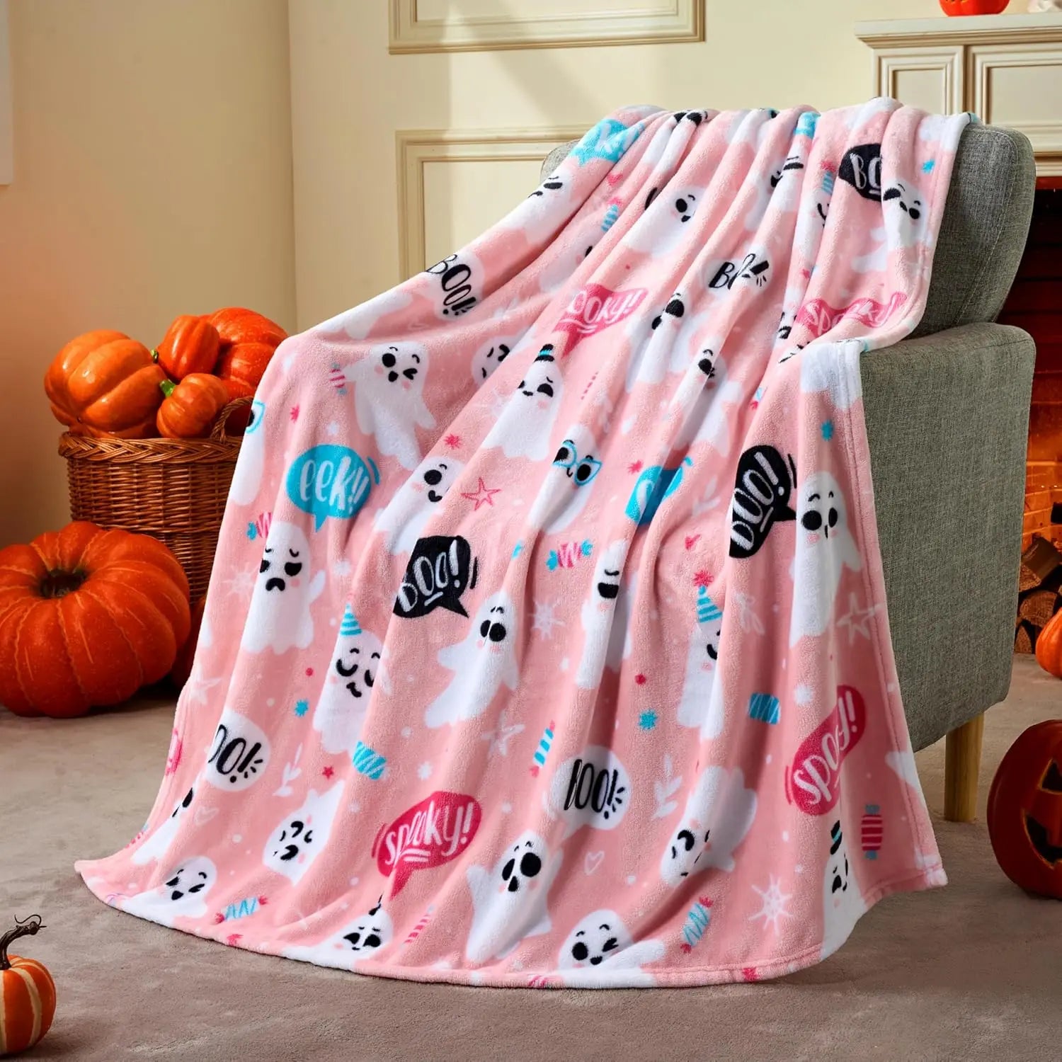 Cute Pumpkin &amp; Candy Plush Throw | Ultra-Soft Coral Fleece Halloween Blanket