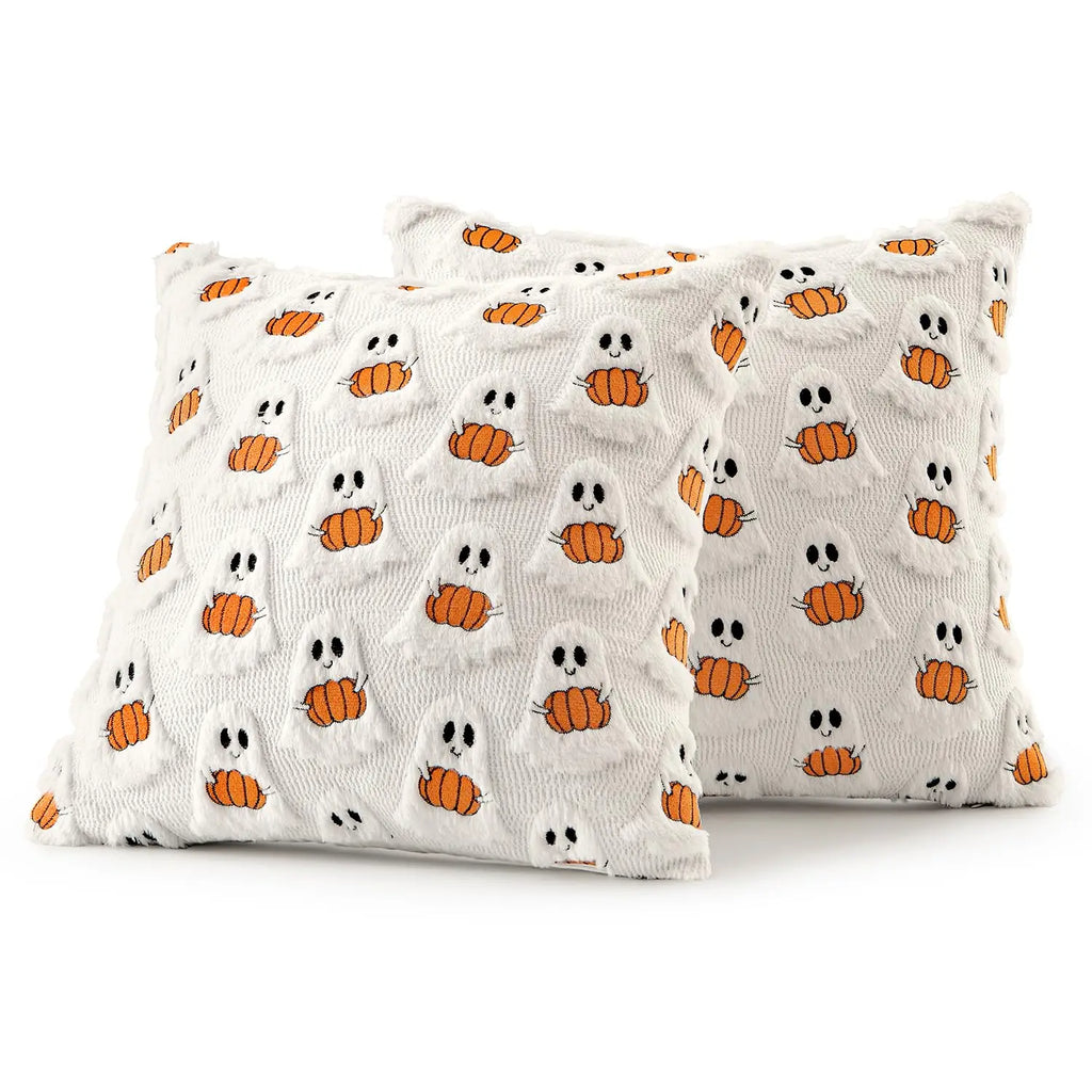 Tufted Ghost & Pumpkin Pillow Cover | Cozy Faux Fur Cute Halloween Decor (Case Only)