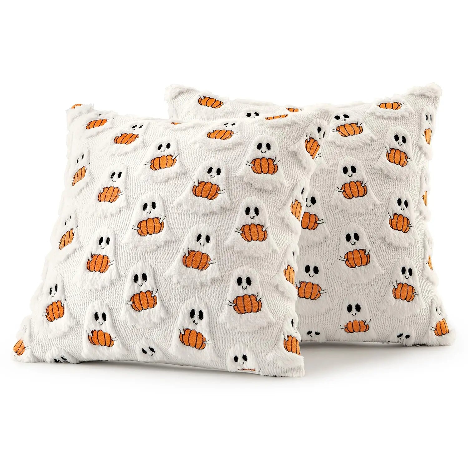 Tufted Ghost & Pumpkin Pillow Cover | Cozy Faux Fur Cute Halloween Decor (Case Only)