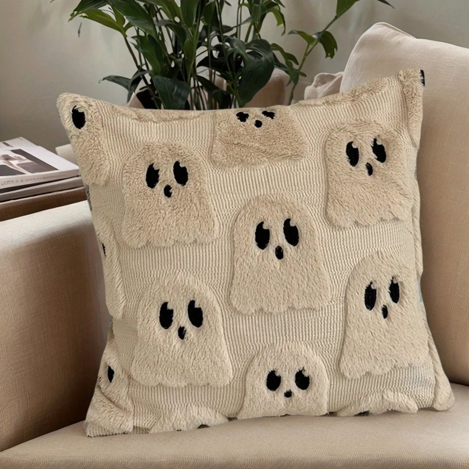 Tufted Ghost & Pumpkin Pillow Cover | Cozy Faux Fur Cute Halloween Decor (Case Only)