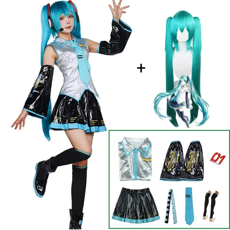 Miku Cosplay Full Set Silver Leather Fabric Suit | JK Sailor Dress High School Uniform Halloween
