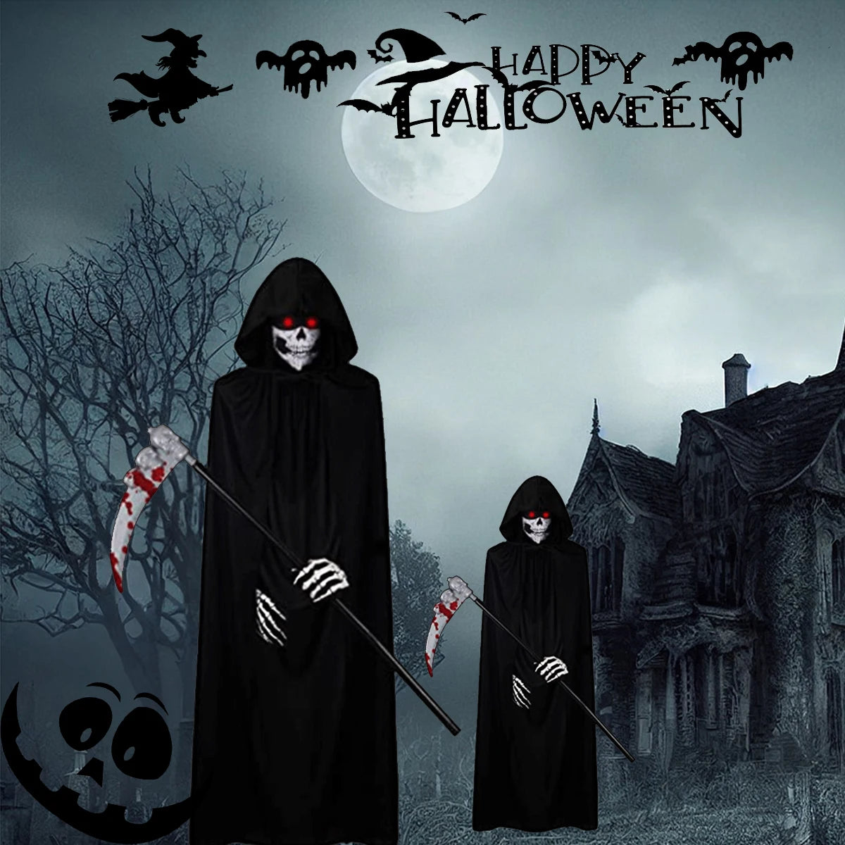 Complete Grim Reaper Costume Set | Includes Robe, Mask, Scythe &amp; GLOW-IN-THE-DARK Gloves (Adult & Kids Sizes)