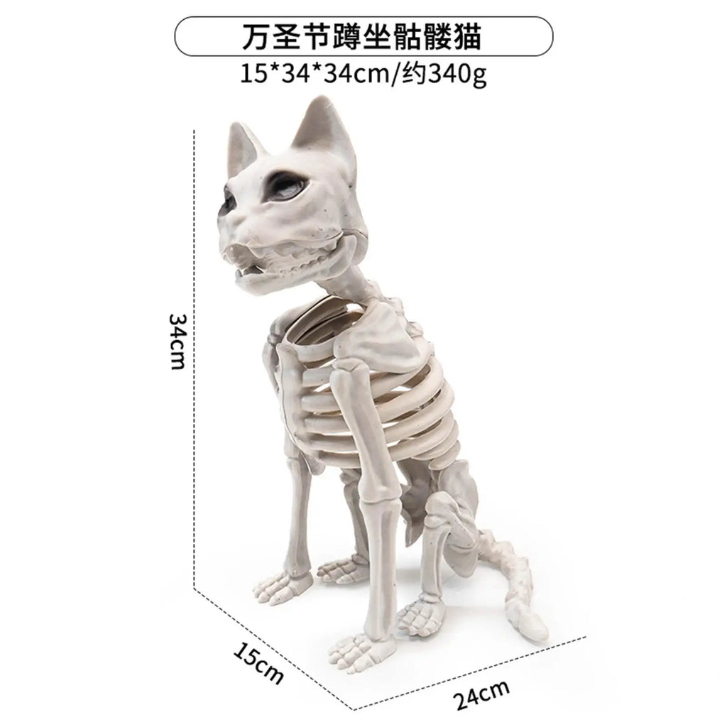 Halloween Cat Skeleton Statue | 13.4" Spooky Plastic Animal Bones Prop