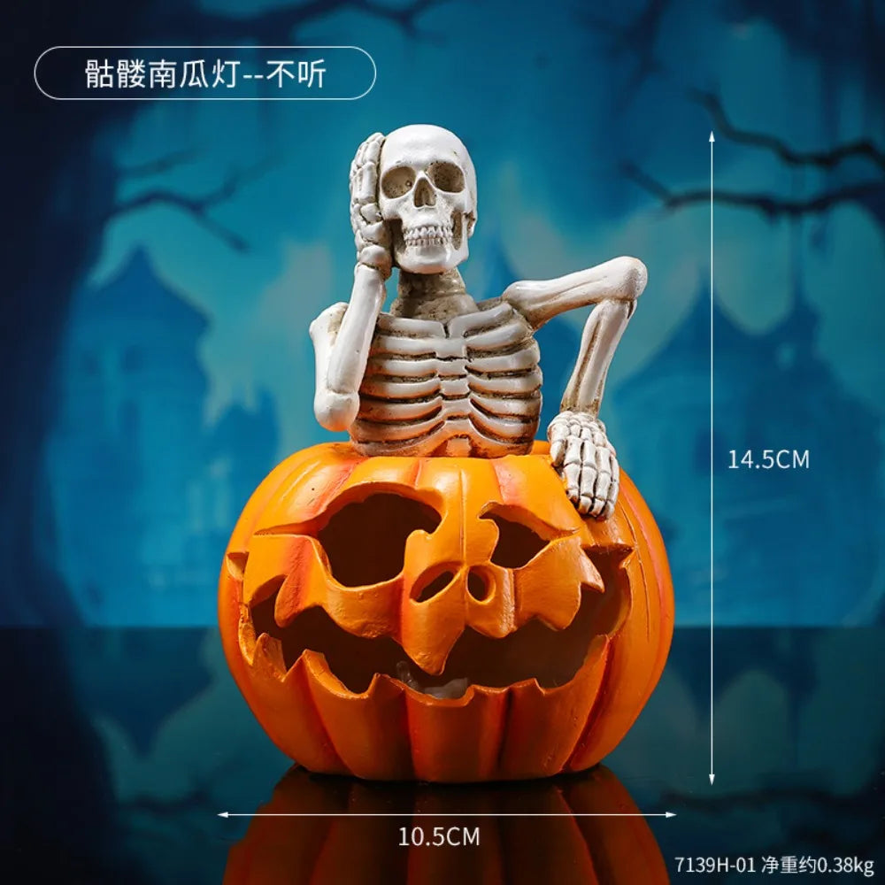 Light-Up Skeleton Pumpkin Figurine | Cute Resin Halloween Tabletop Decor