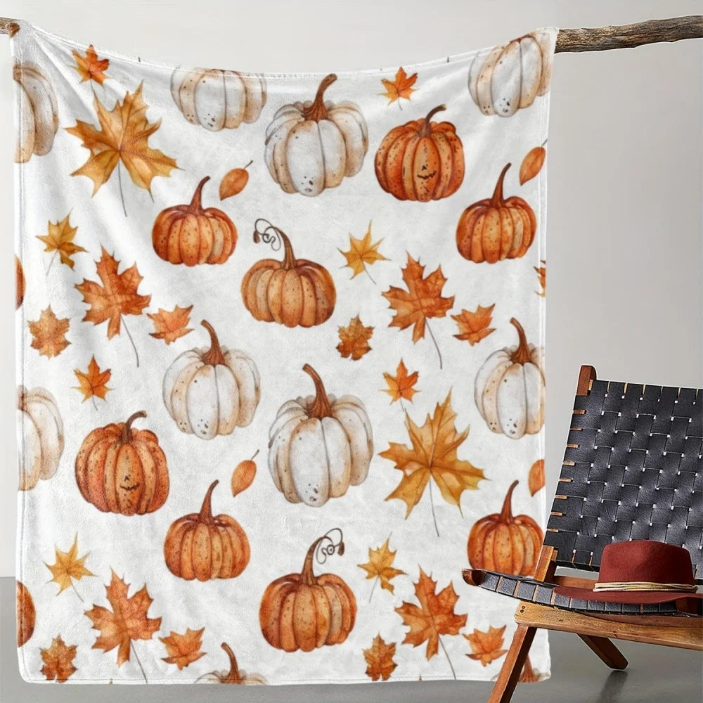 Soft and Plush Fall Blanket with Pumpkin and Maple Leaf Design, Warm and Cozy All Season Blanket