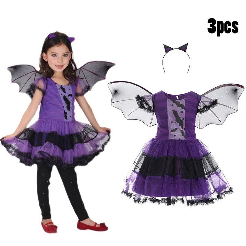 Gothic Vampire Queen Costume for Girls | Elegant Witch Dress Set with Hat & Rose