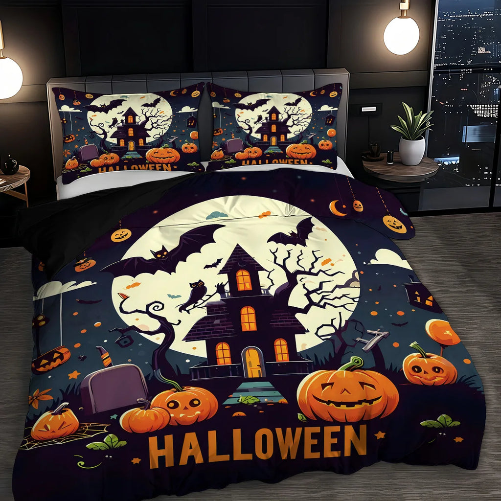 Cute Ghost & Witch Hat 3-Piece Bedding Set | Halloween Duvet Cover with 2 Pillowcases