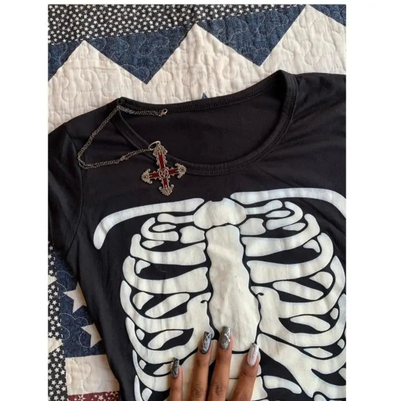Y2k Goth Skeleton T-Shirt | Slim Fit Rib Cage Print Crop Top | Grunge Aesthetic Tee
