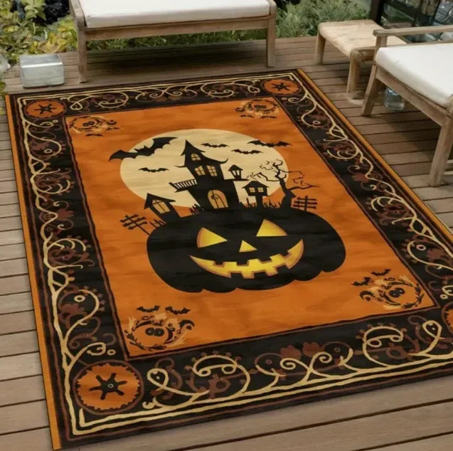 Spooky Haunted House & Pumpkin Area Rug | Non-Slip Halloween Decor for Living Room & Outdoor Use