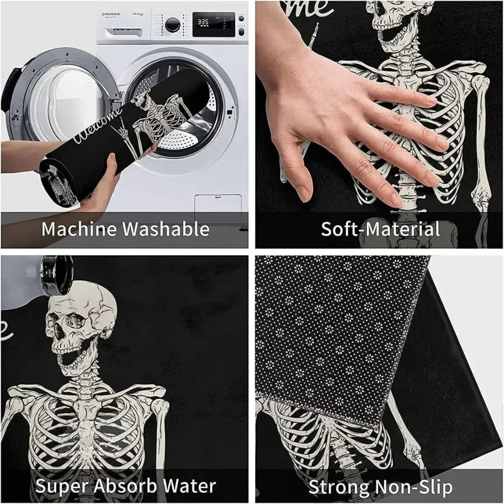 "Rock On" Skeleton Welcome Mat | Funny Halloween Floor Mat | Soft Flannel with Non-Slip Backing