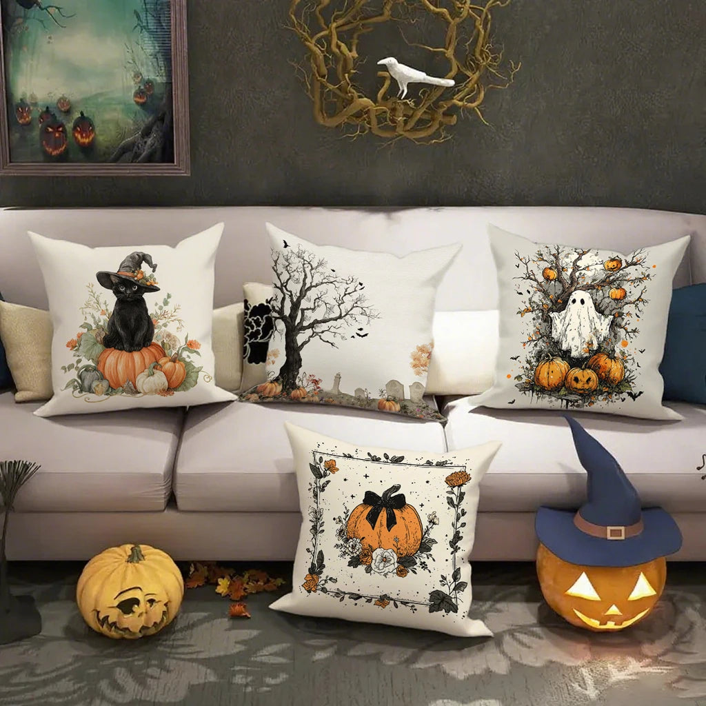 Farmhouse Halloween Pillow Covers | Artistic Ghost, Black Cat & Spooky Tree Cushion Cases