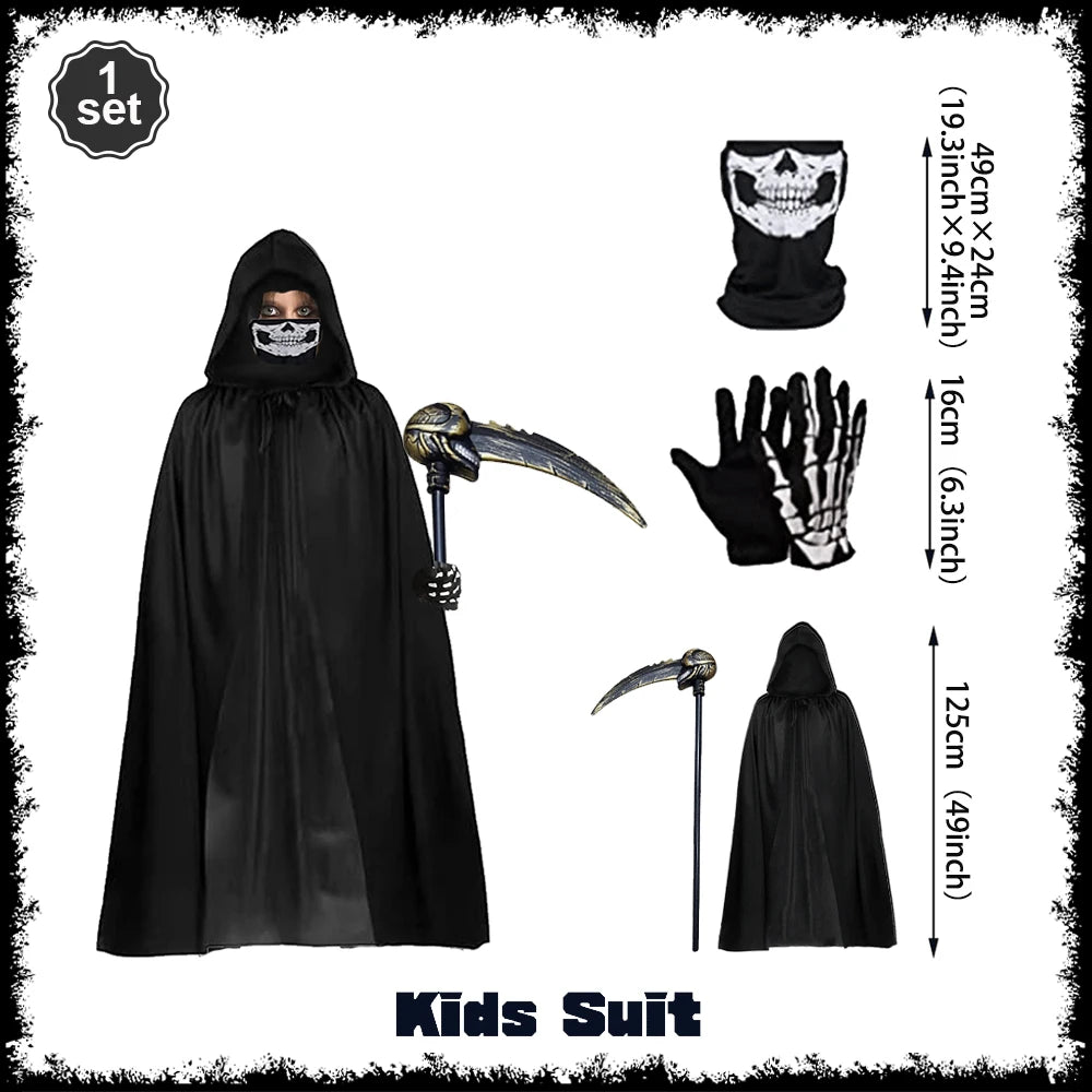 Complete Grim Reaper Costume Set | Includes Robe, Mask, Scythe &amp; GLOW-IN-THE-DARK Gloves (Adult & Kids Sizes)