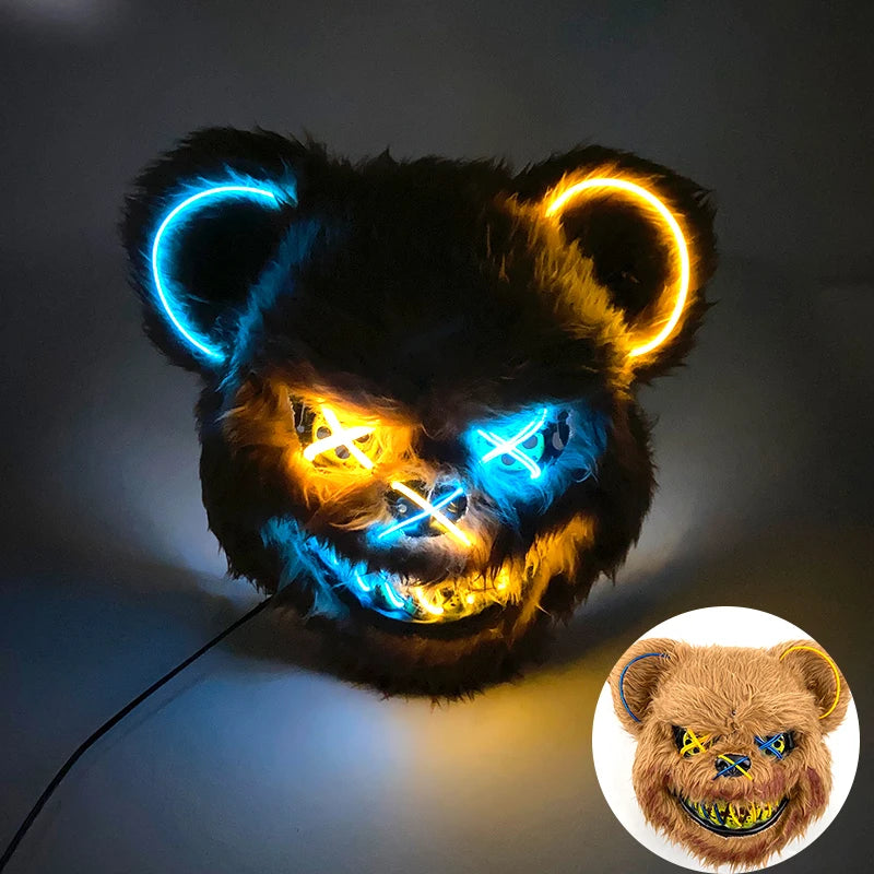 Scary LED Light-Up Halloween Mask | Creepy Rabbit &amp; Bloody Bear Styles | 3-Mode EL Wire Purge Mask