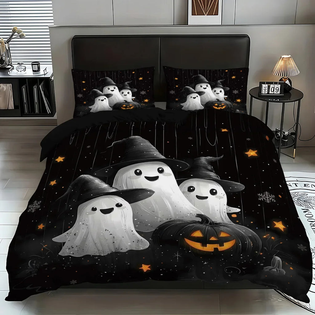 Cute Ghost & Witch Hat 3-Piece Bedding Set | Halloween Duvet Cover with 2 Pillowcases