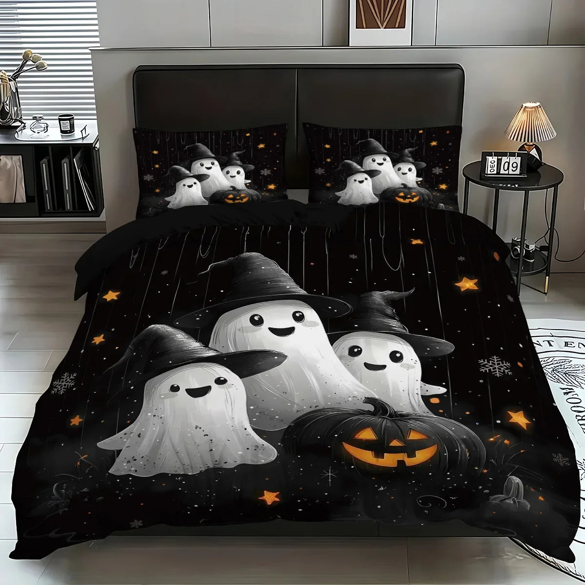 Cute Ghost & Witch Hat 3-Piece Bedding Set | Halloween Duvet Cover with 2 Pillowcases