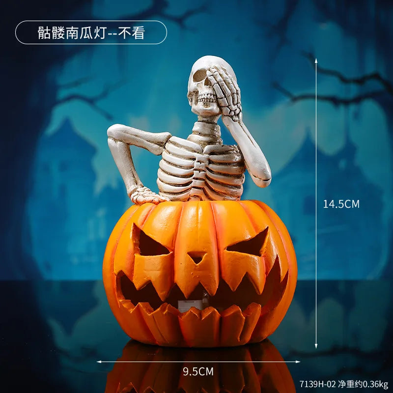 Light-Up Skeleton Pumpkin Figurine | Cute Resin Halloween Tabletop Decor