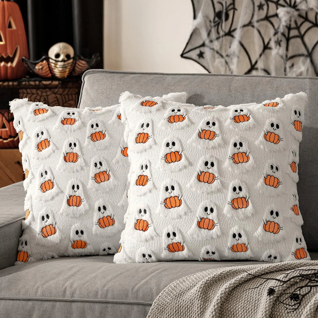 Tufted Ghost & Pumpkin Pillow Cover | Cozy Faux Fur Cute Halloween Decor (Case Only)