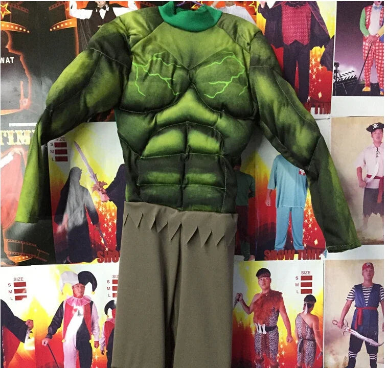 Boys Green Hulk Superhero Muscle Costume | Incredible Monster Jumpsuit Set with Mask