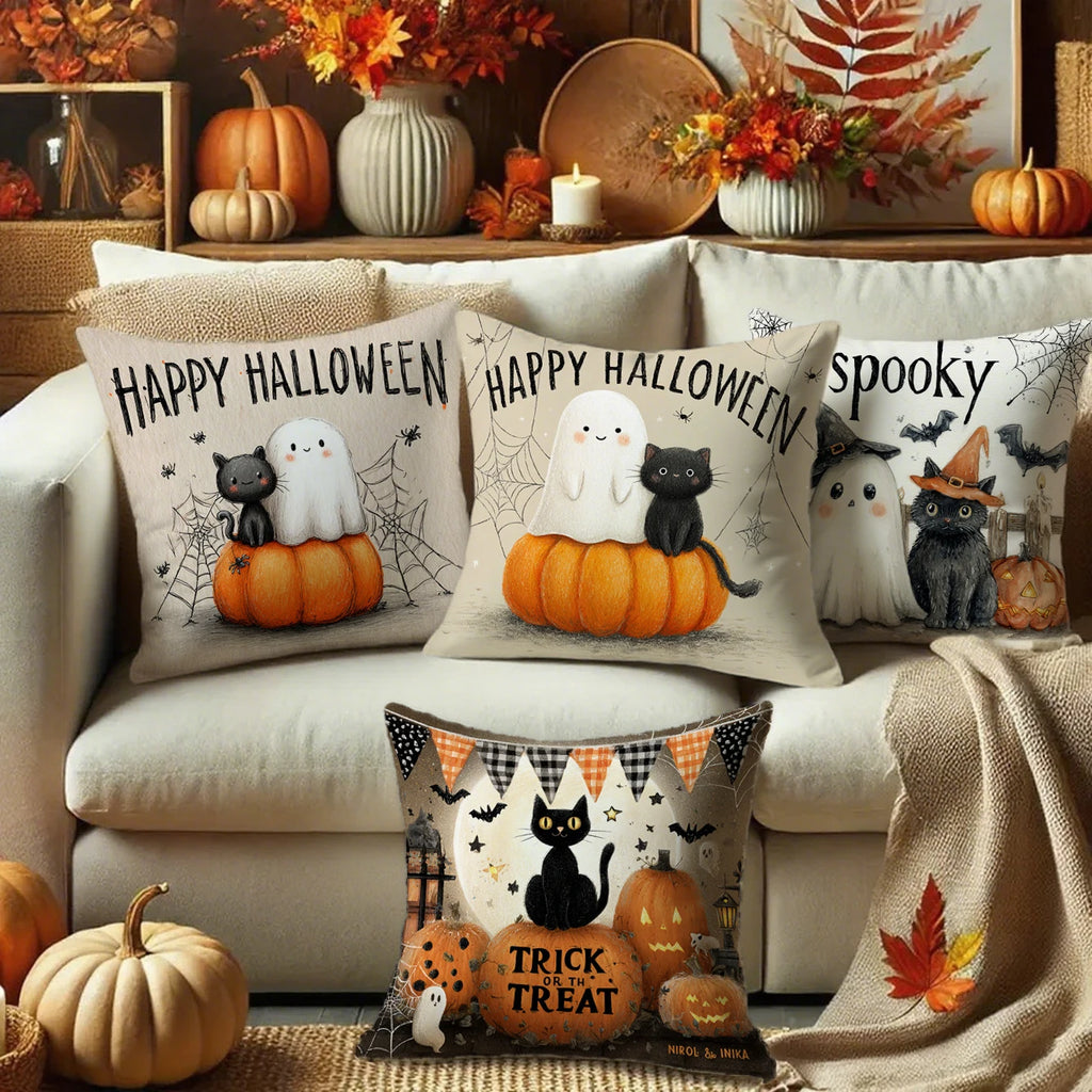 Cute Ghost & Black Cat Pillow Covers | "Happy Halloween" Cushion Case (Case Only)