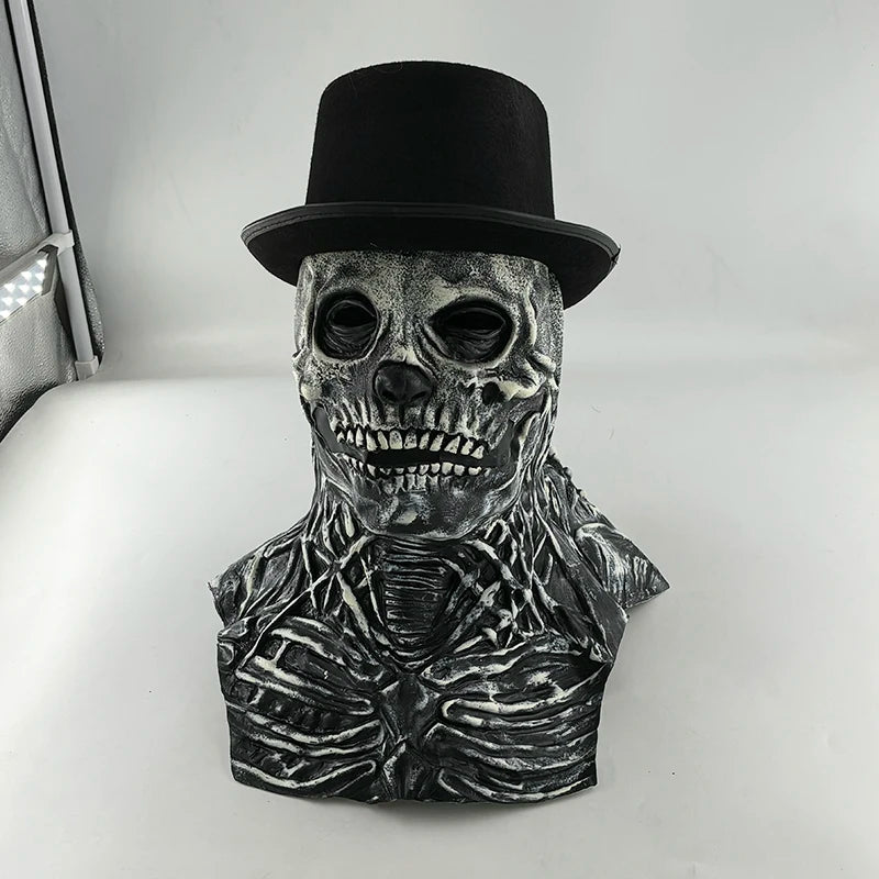 Scary Skeleton Gentleman Mask | Full Head & Chest Latex Horror Mask with Top Hat