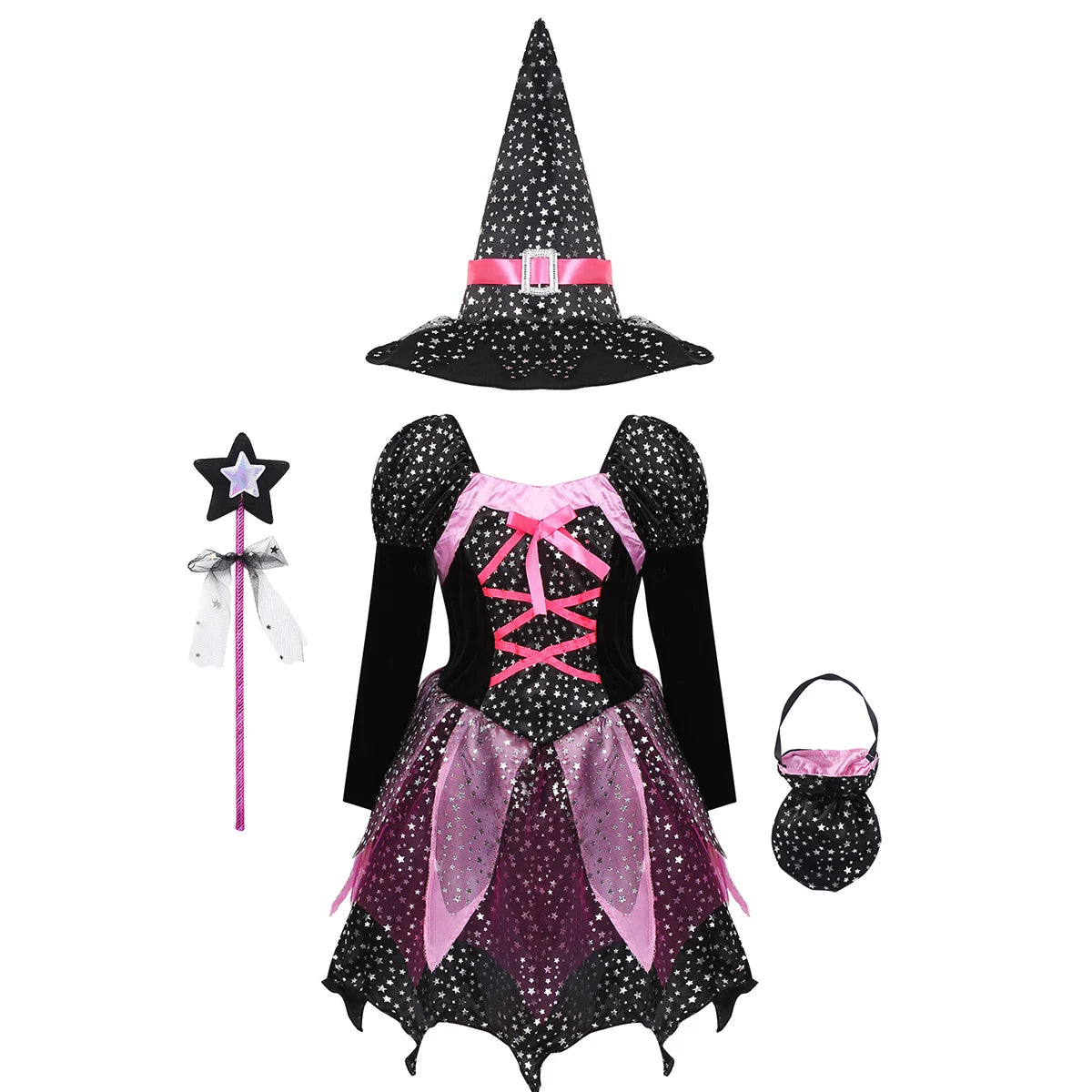 Complete Girls Witch Costume (4-Piece Set) | Sparkle Dress, Hat, Wand & Candy Bag | Costume Halloween Enfant Fille