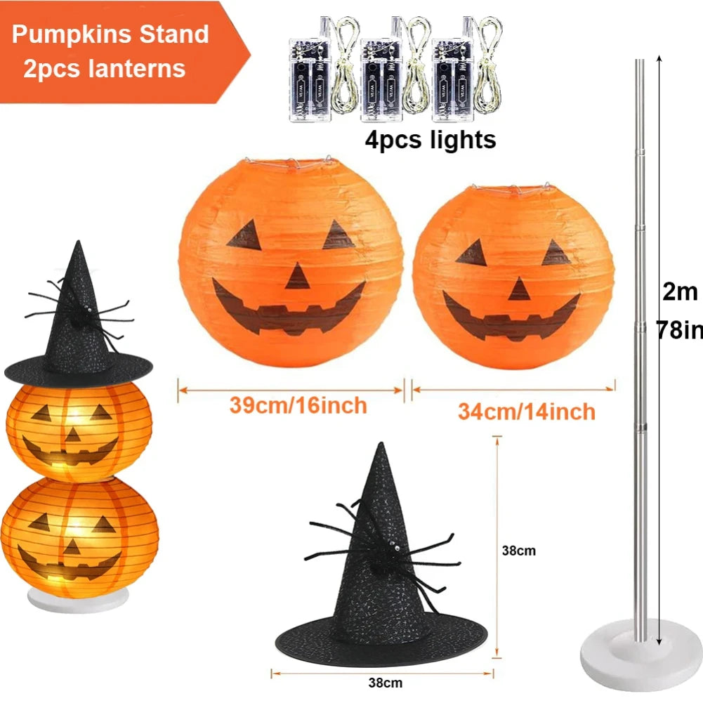 Light-Up Stacked Pumpkin Lantern Tower (with Witch Hat)