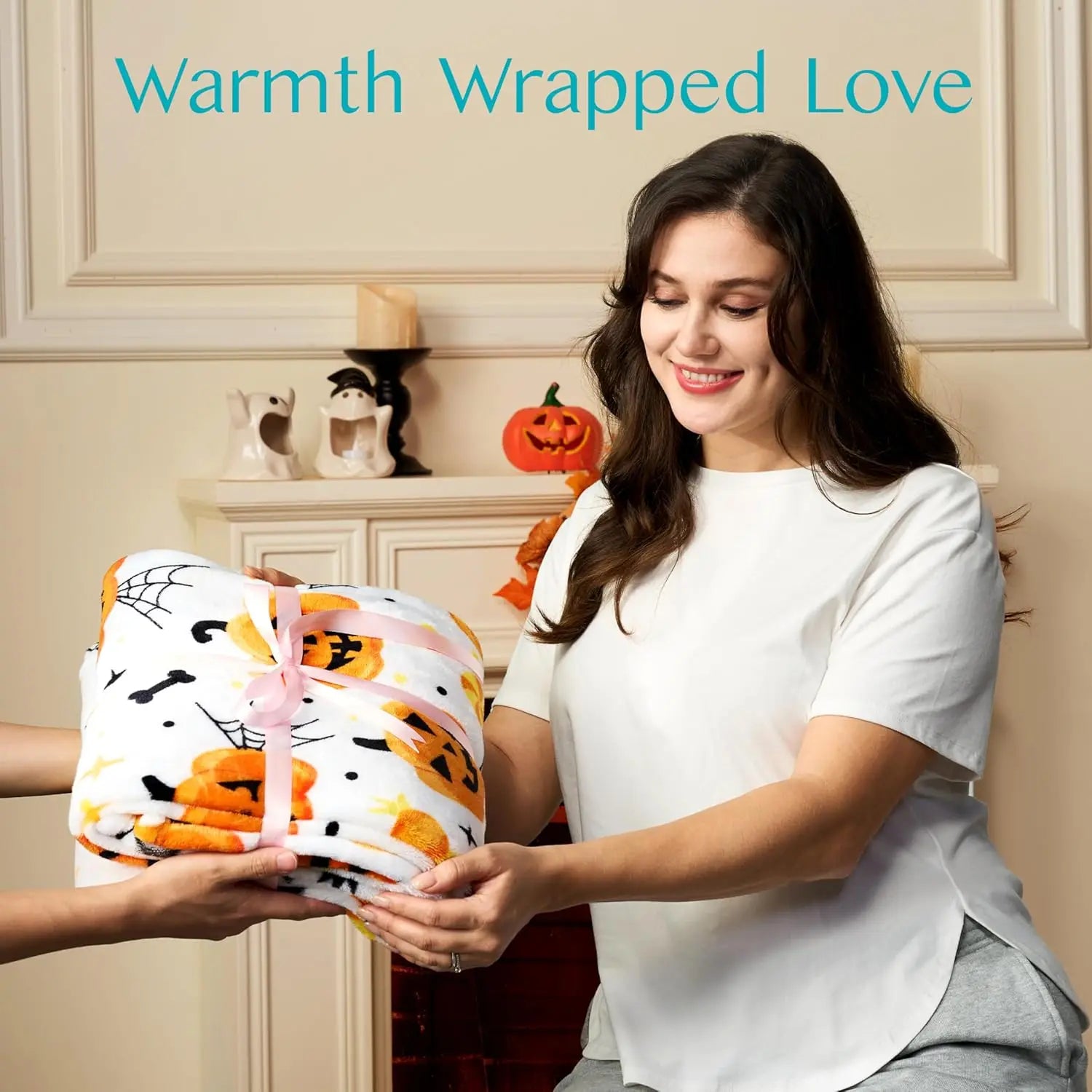 Cute Pumpkin &amp; Candy Plush Throw | Ultra-Soft Coral Fleece Halloween Blanket