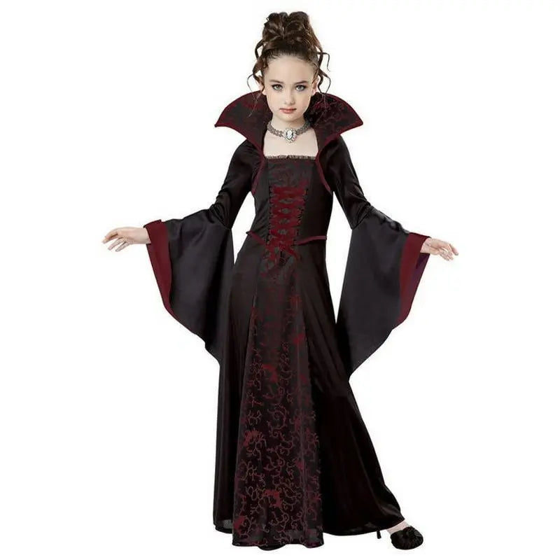 Gothic Vampire Queen Costume for Girls | Elegant Witch Dress Set with Hat & Rose