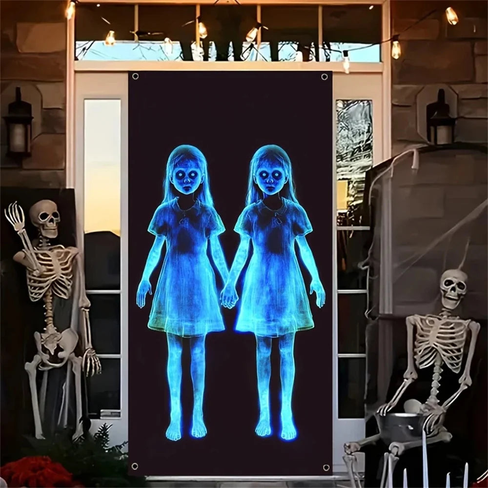 Creepy Ghost Twins Horror Banner | Scary Halloween Party Backdrop