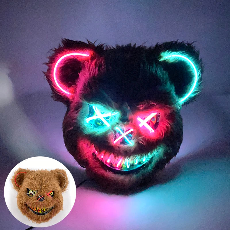 Scary LED Light-Up Halloween Mask | Creepy Rabbit &amp; Bloody Bear Styles | 3-Mode EL Wire Purge Mask