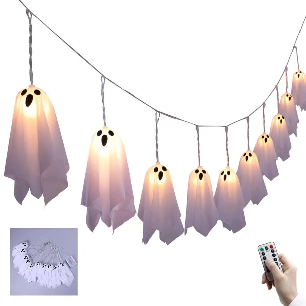 Cute Ghost String Lights (10-Pcs) | 8-Mode Light-Up Hanging Ghost Decor by Halloween Ready