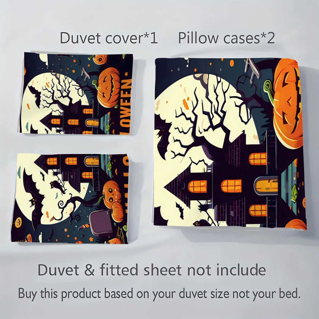 Cute Ghost & Witch Hat 3-Piece Bedding Set | Halloween Duvet Cover with 2 Pillowcases
