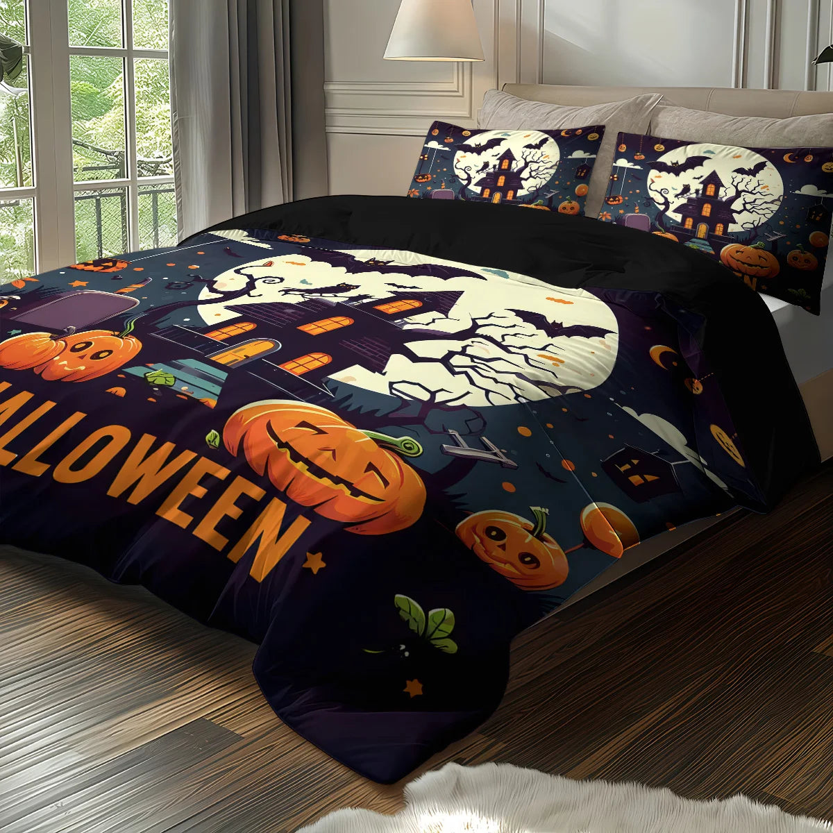 Cute Ghost & Witch Hat 3-Piece Bedding Set | Halloween Duvet Cover with 2 Pillowcases