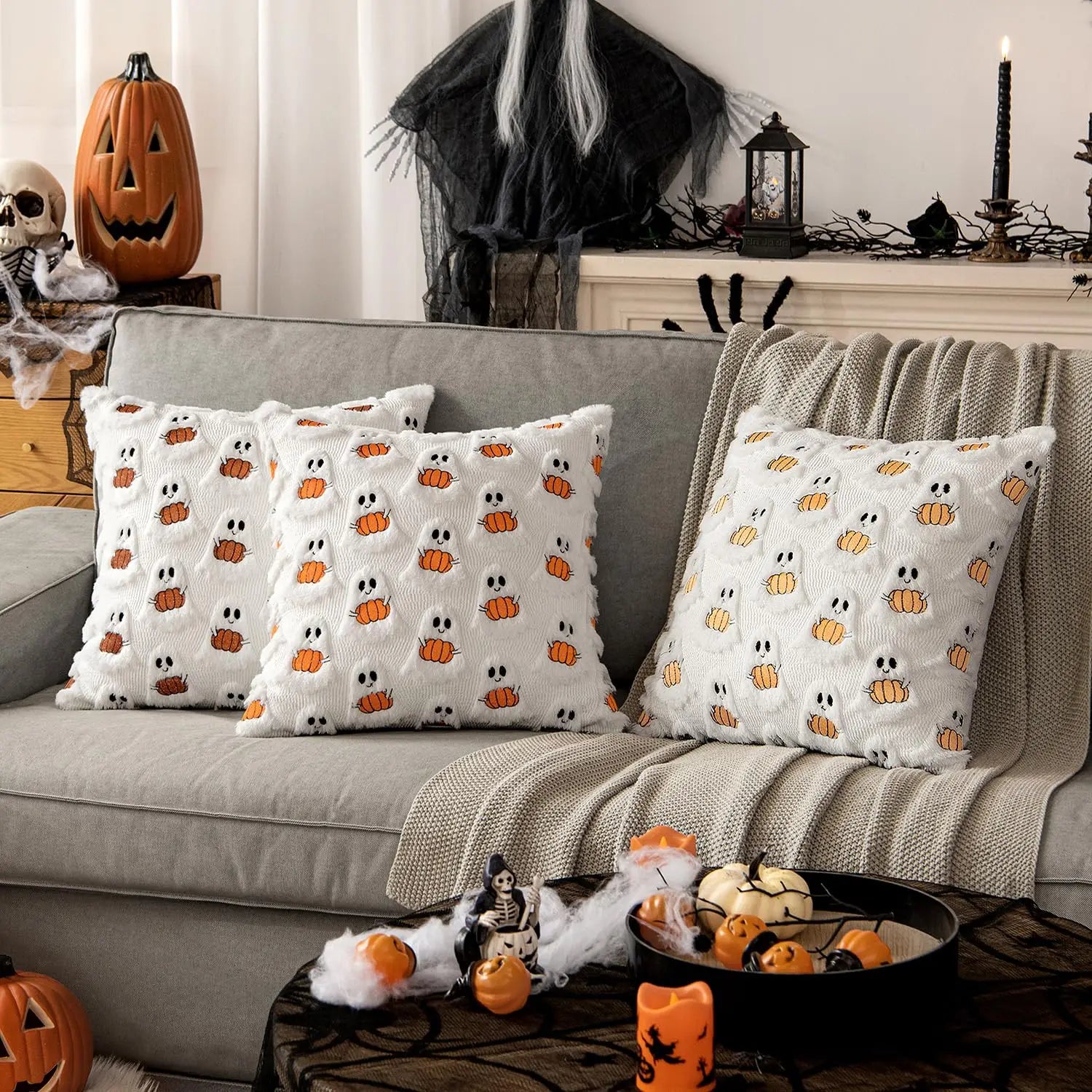 Tufted Ghost & Pumpkin Pillow Cover | Cozy Faux Fur Cute Halloween Decor (Case Only)