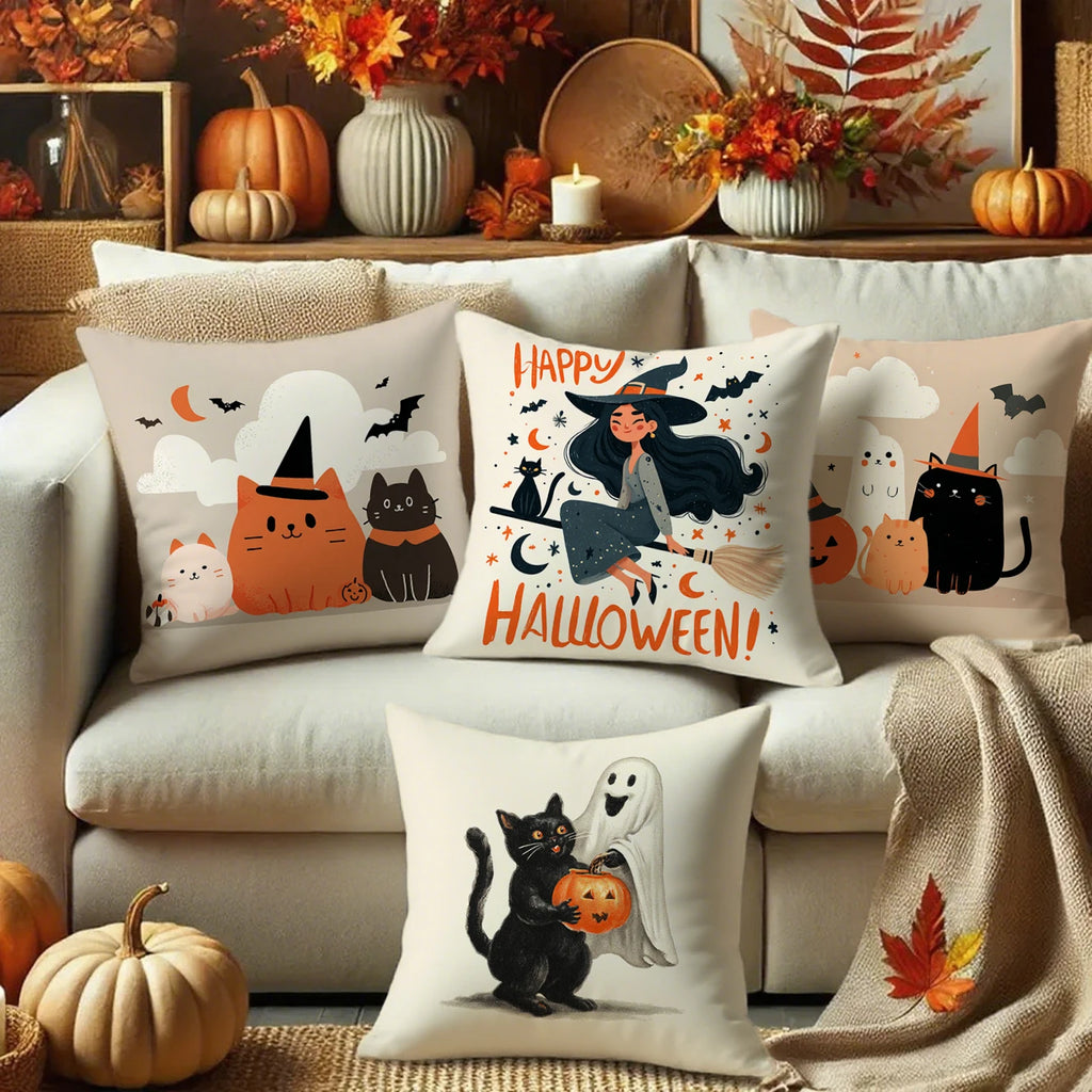 Cute Halloween Pillow Covers | Witch, Black Cat & Ghost Throw Cushion Cases (Case Only)