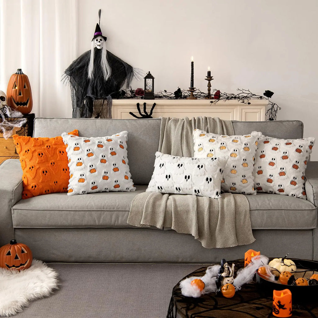 Tufted Ghost & Pumpkin Pillow Cover | Cozy Faux Fur Cute Halloween Decor (Case Only)