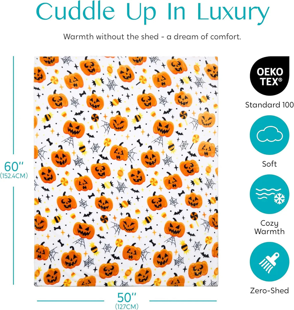 Cute Pumpkin &amp; Candy Plush Throw | Ultra-Soft Coral Fleece Halloween Blanket