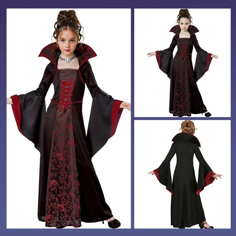 Gothic Vampire Queen Costume for Girls | Elegant Witch Dress Set with Hat & Rose