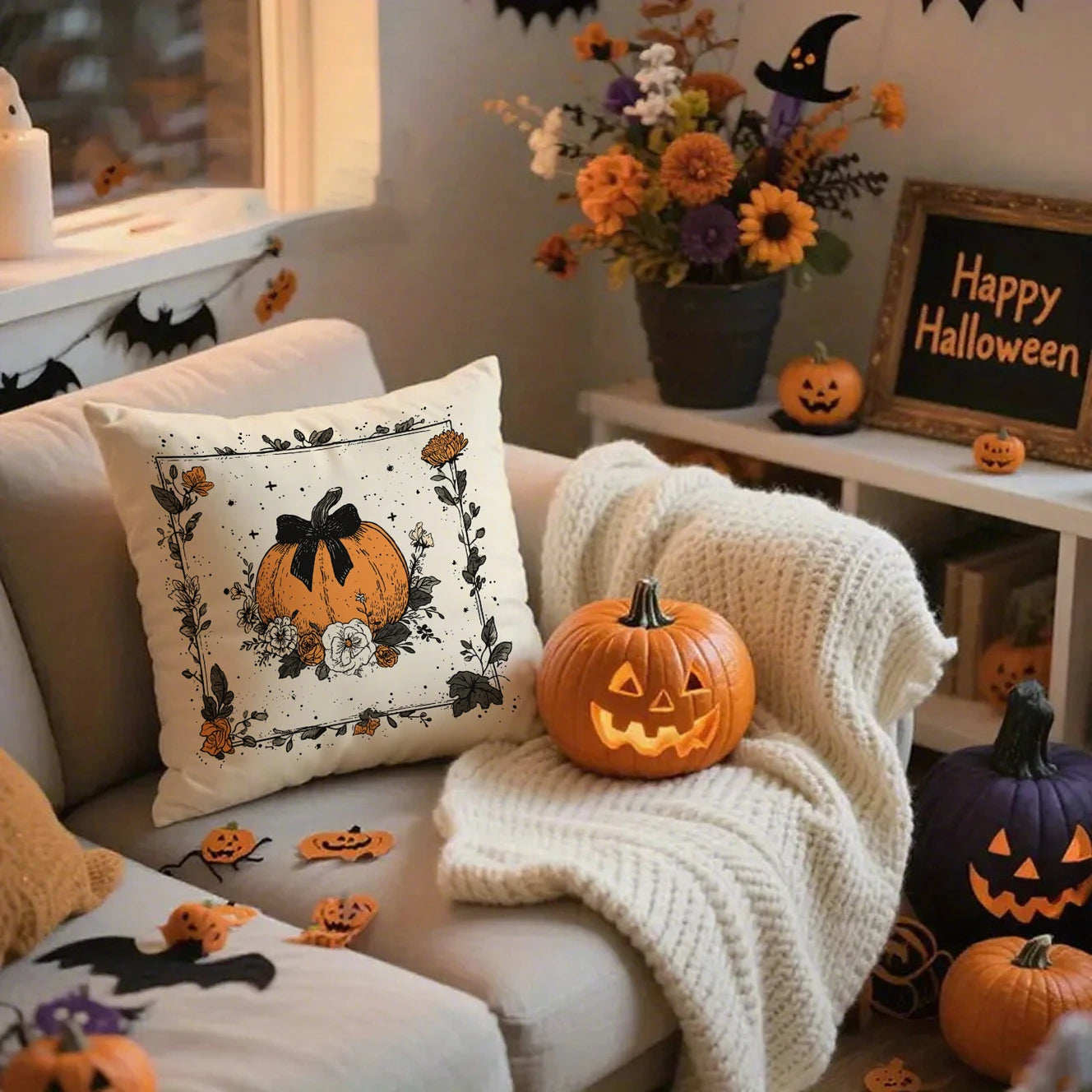 Farmhouse Halloween Pillow Covers | Artistic Ghost, Black Cat & Spooky Tree Cushion Cases